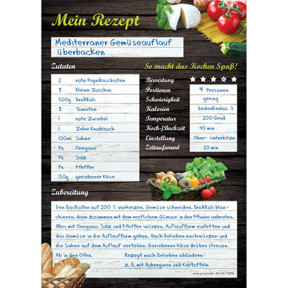 rezeptblock mediterran, a5, braun-weiße optik mit abgedruckten lebensmitteln, ausreichend platz für rezept, anleitung und zutaten, ausfüllbeispiel