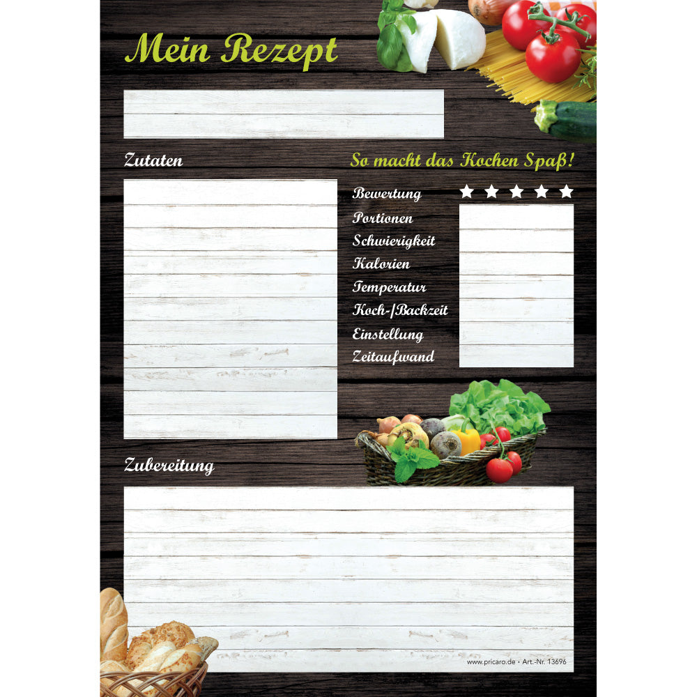 rezeptblock mediterran, a5, braun-weiße optik mit abgedruckten lebensmitteln, ausreichend platz für rezept, anleitung und zutaten, frontansicht