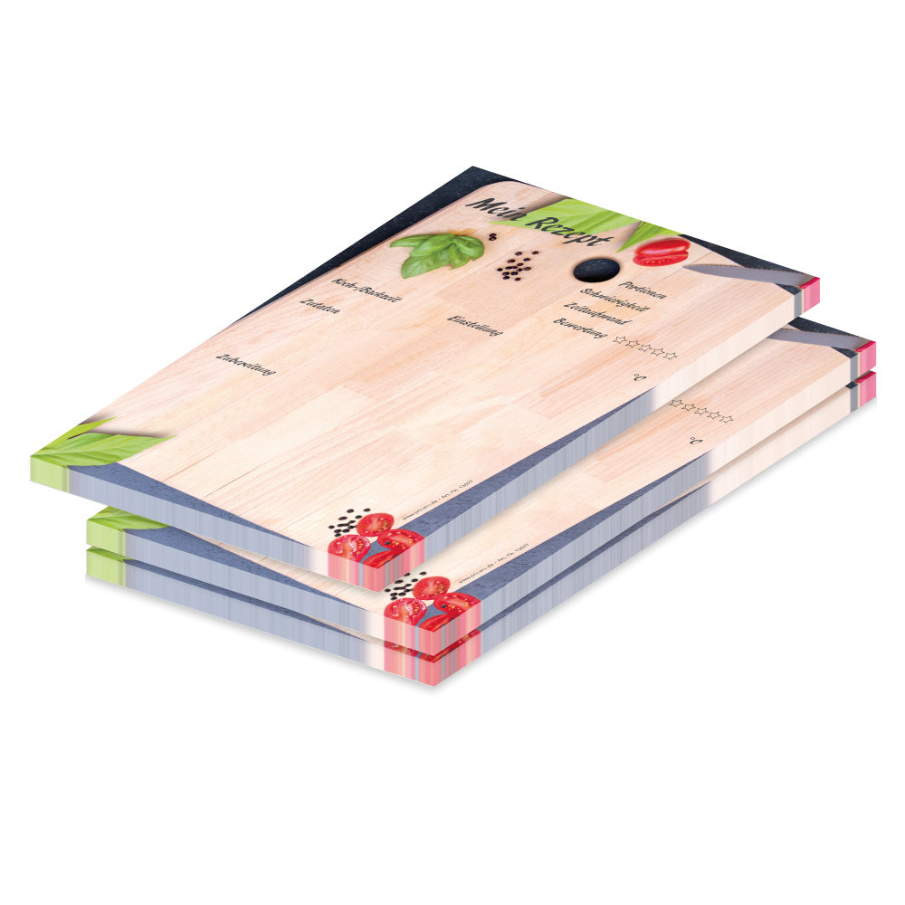 rezeptblock schneidebrett, a5, braune optik mit abgedruckten lebensmitteln auf holzschneidebrett, ausreichend platz für rezept, anleitung und zutaten, 3er set
