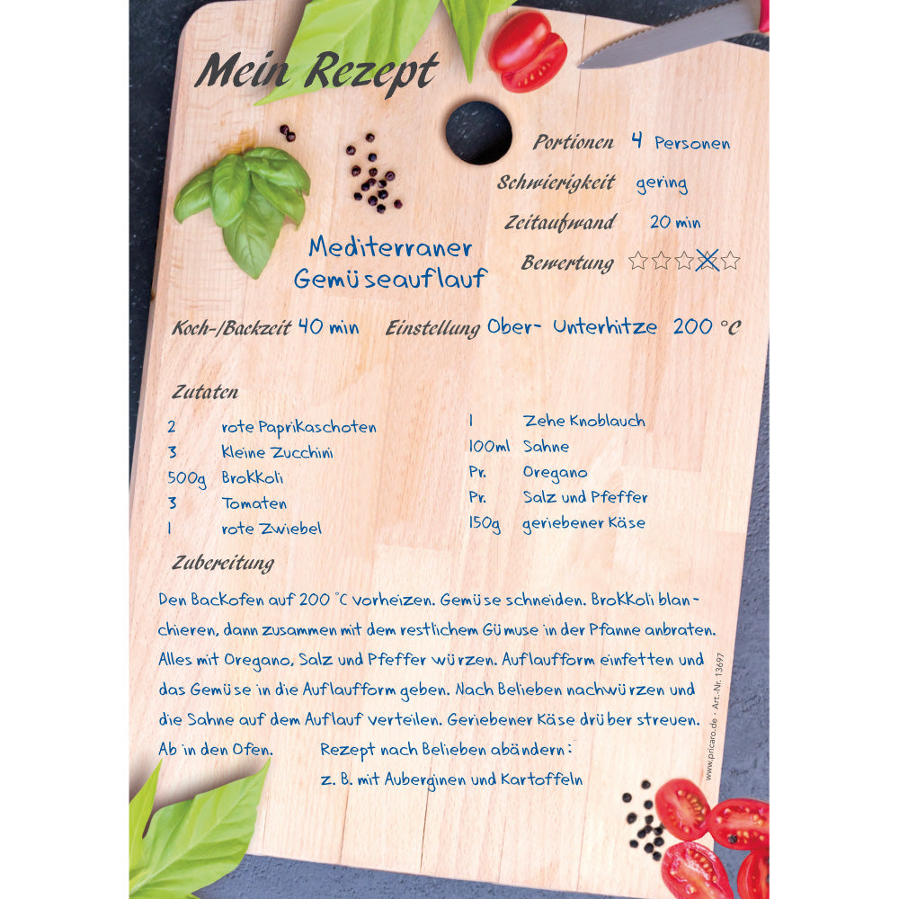 rezeptblock schneidebrett, a5, braune optik mit abgedruckten lebensmitteln auf holzschneidebrett, ausreichend platz für rezept, anleitung und zutaten, ausfüllbeispiel
