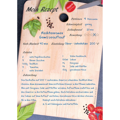 rezeptblock schneidebrett, a5, braune optik mit abgedruckten lebensmitteln auf holzschneidebrett, ausreichend platz für rezept, anleitung und zutaten, ausfüllbeispiel