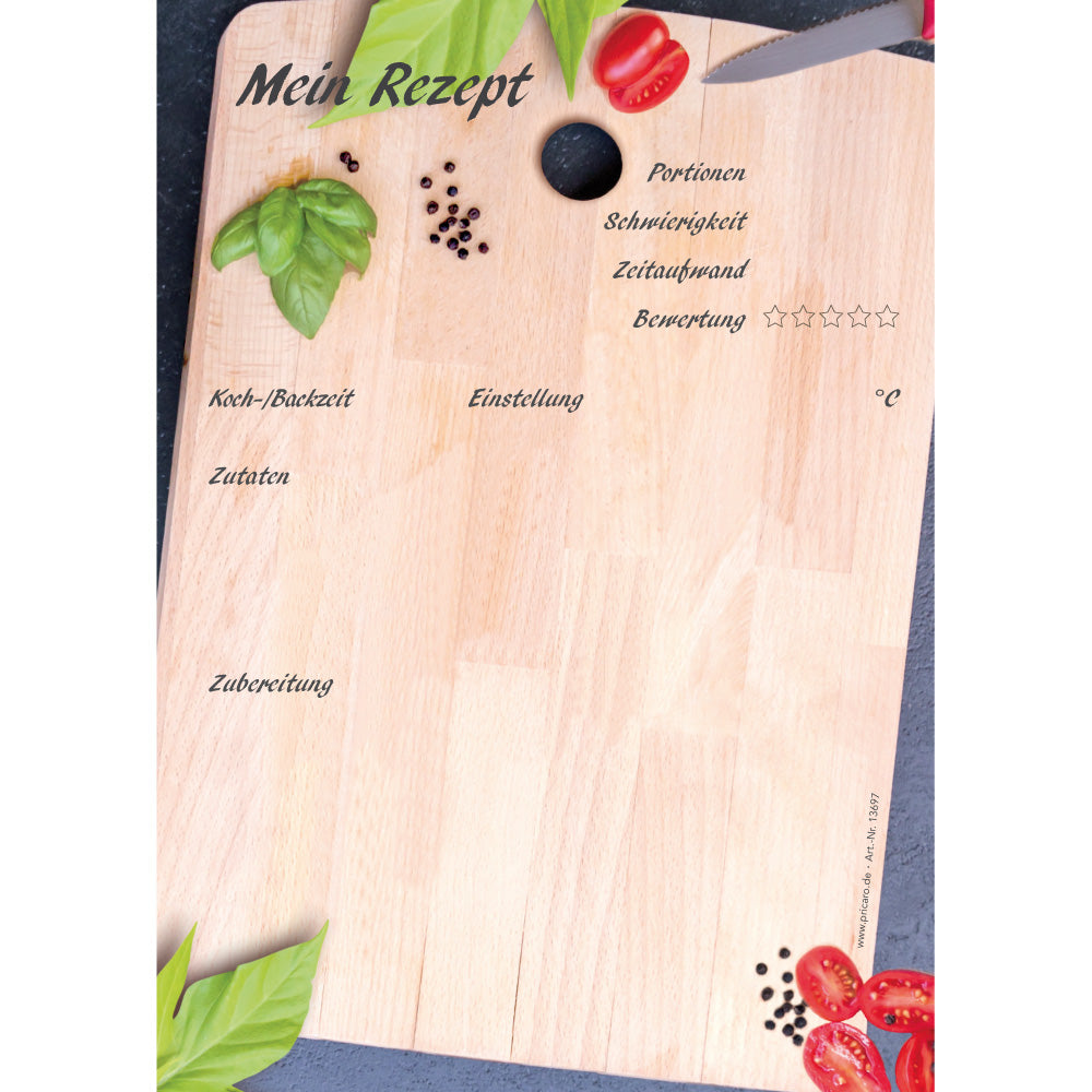 rezeptblock schneidebrett, a5, braune optik mit abgedruckten lebensmitteln auf holzschneidebrett, ausreichend platz für rezept, anleitung und zutaten, frontansicht