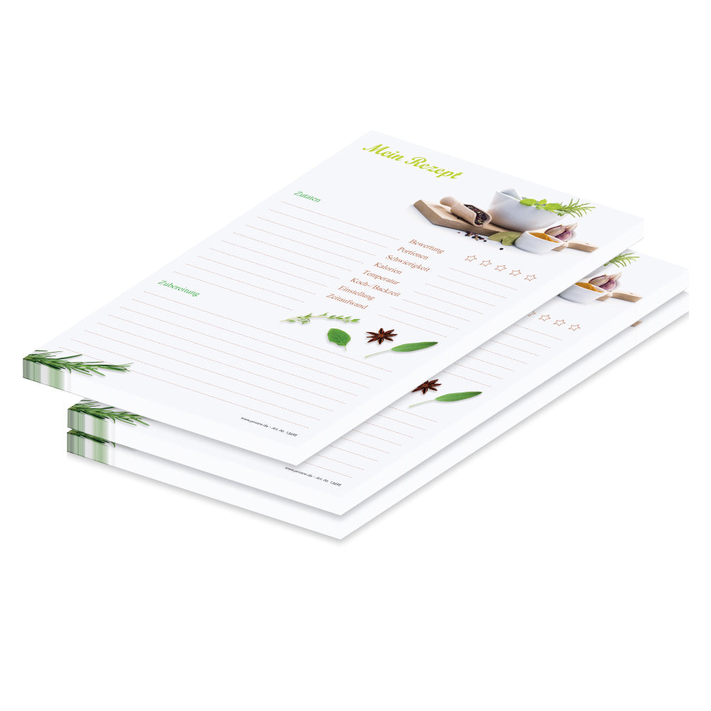 rezeptblock gewürze, a5, weiße optik mit abgedruckten gewürzen, ausreichend platz für rezept, anleitung und zutaten, 3er set