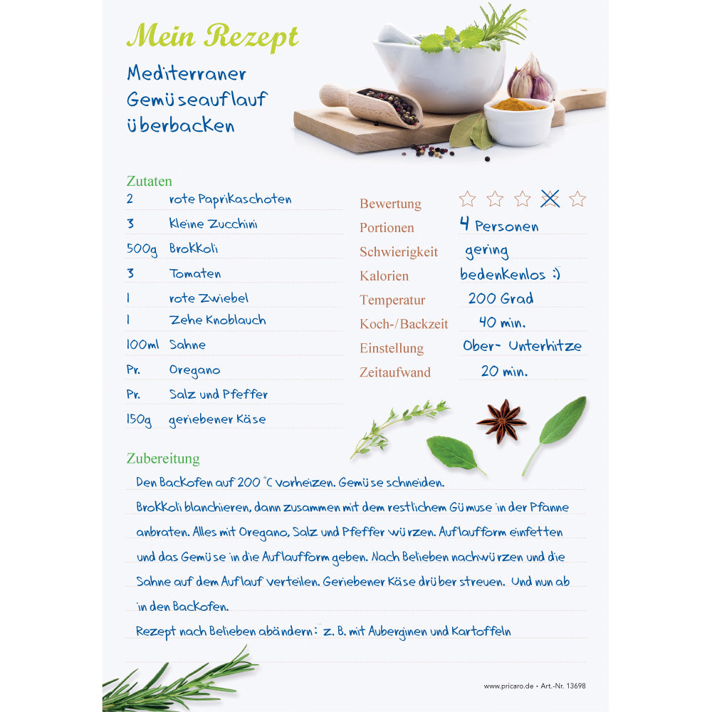 rezeptblock gewürze, a5, weiße optik mit abgedruckten gewürzen, ausreichend platz für rezept, anleitung und zutaten, ausfüllbeispiel