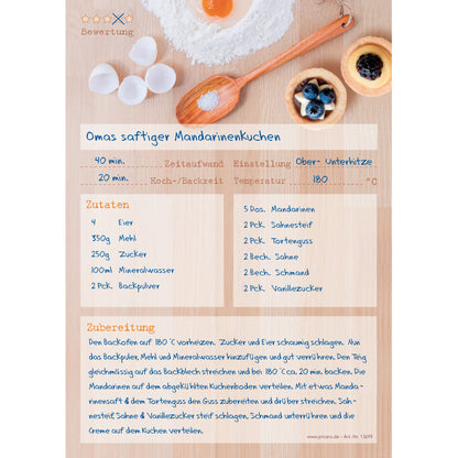 rezeptblock backen, a5, beige optik mit abgedruckten backzutaten, ausreichend platz für rezept, anleitung und zutaten, ausfüllbeispiel