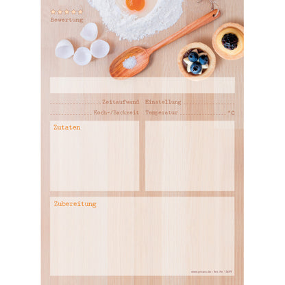 rezeptblock backen, a5, beige optik mit abgedruckten backzutaten, ausreichend platz für rezept, anleitung und zutaten, frontansicht