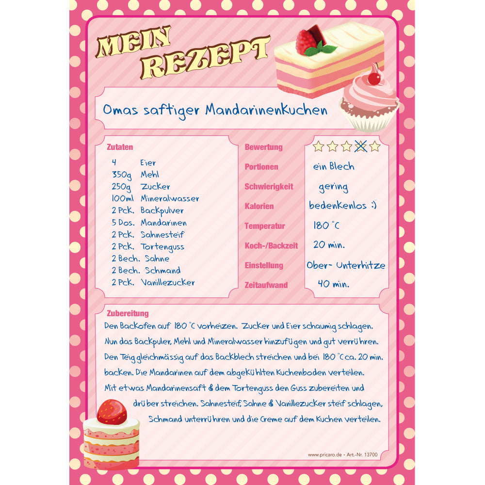 rezeptblock retro, a5, pinke optik mit gelben punkten, mit abgedruckten törtchen, ausreichend platz für rezept, anleitung und zutaten, ausfüllbeispiel