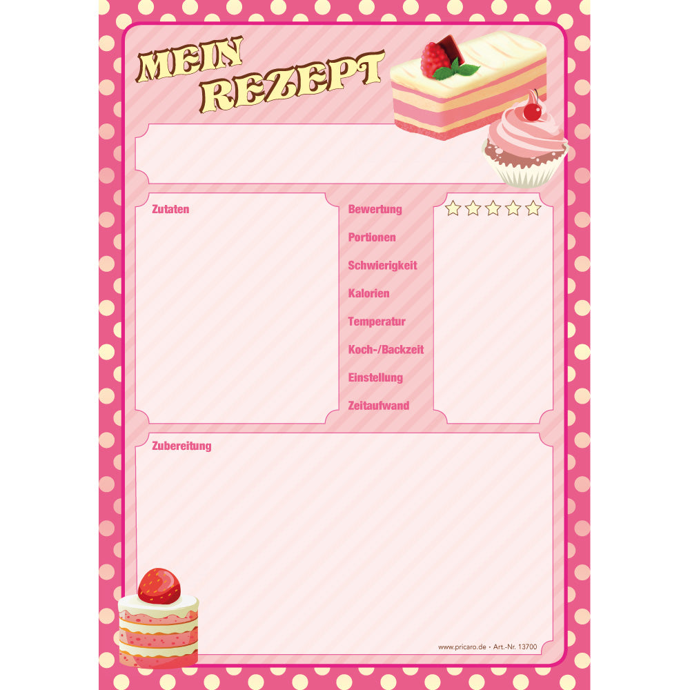rezeptblock retro, a5, pinke optik mit gelben punkten, mit abgedruckten törtchen, ausreichend platz für rezept, anleitung und zutaten, frontansicht