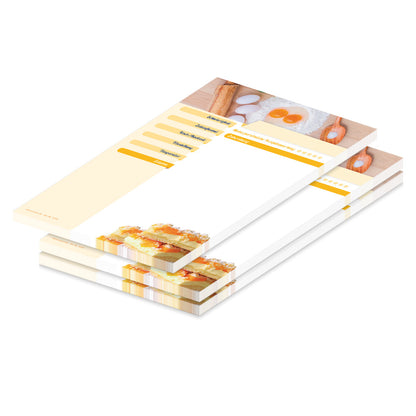rezeptblock zutaten, a5, weiß-gelbe optik, mit abgedruckten backzutaten und kuchen, ausreichend platz für rezept, anleitung und zutaten, 3er set