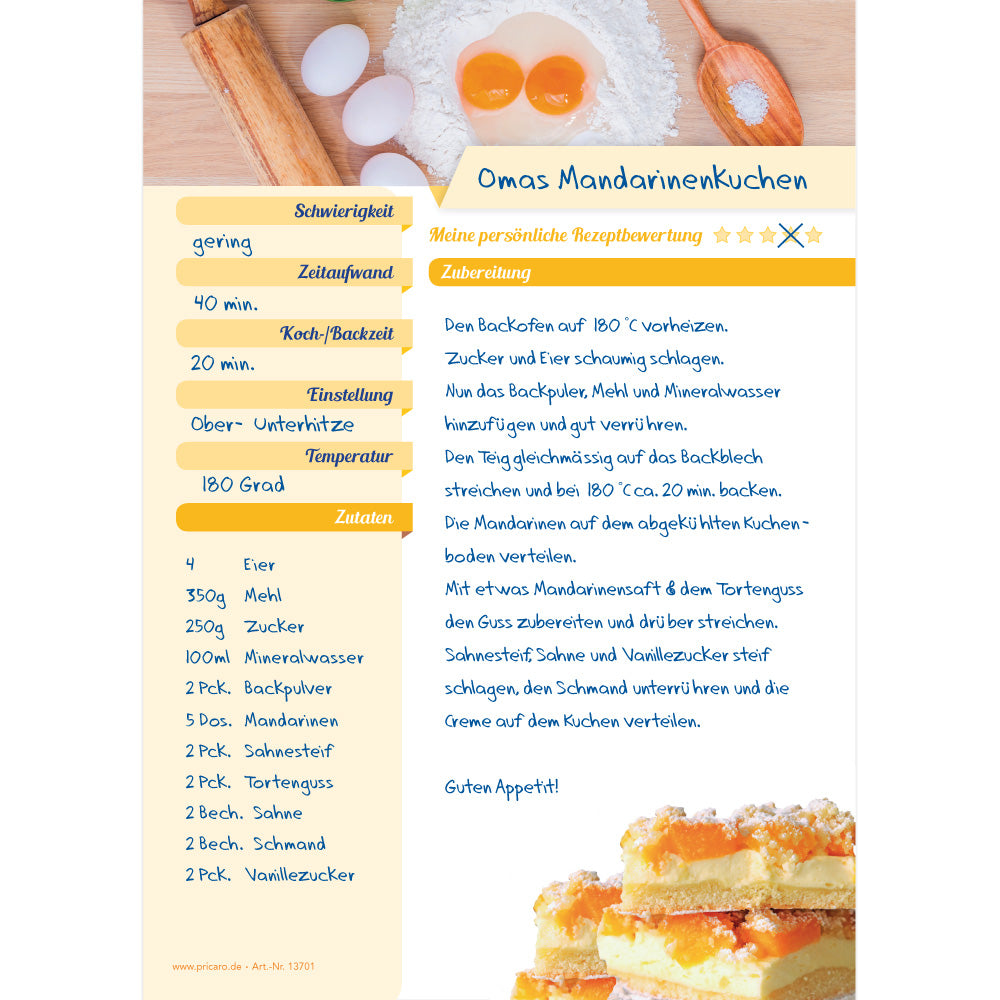 rezeptblock zutaten, a5, weiß-gelbe optik, mit abgedruckten backzutaten und kuchen, ausreichend platz für rezept, anleitung und zutaten, ausfüllbeispiel