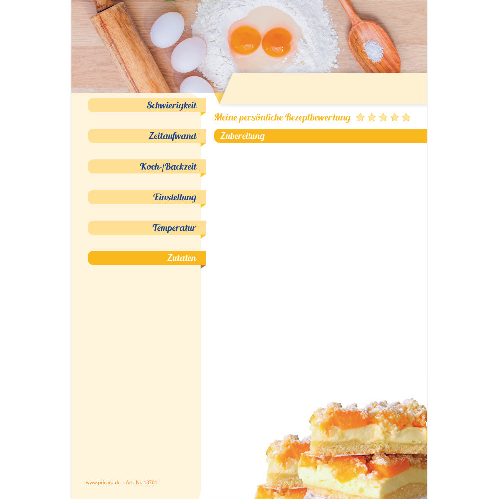 rezeptblock zutaten, a5, weiß-gelbe optik, mit abgedruckten backzutaten und kuchen, ausreichend platz für rezept, anleitung und zutaten, frontansicht