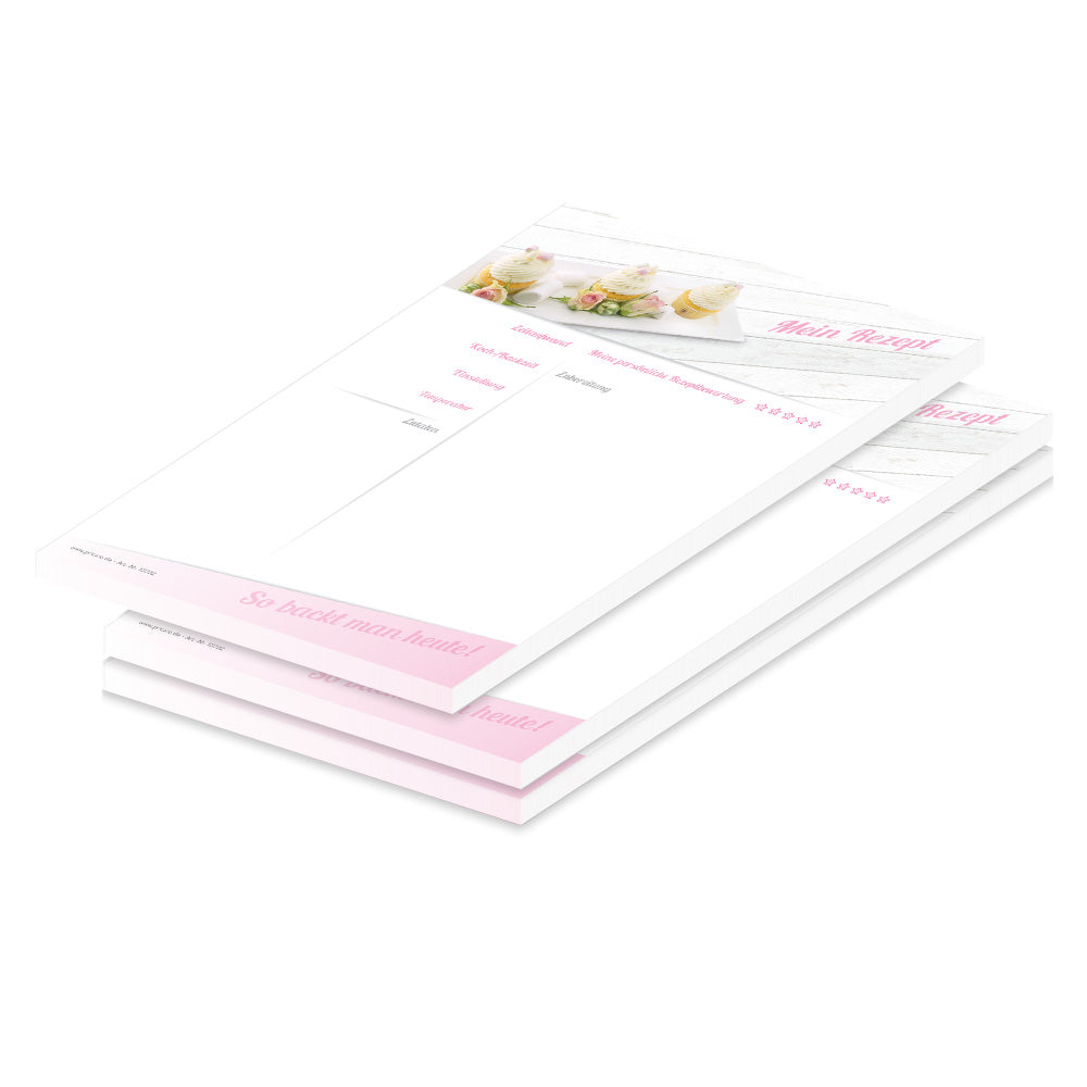 rezeptblock cupcake, a5, weiß-rosa optik, mit abgedruckten cupcakes, ausreichend platz für rezept, anleitung und zutaten, 3er set