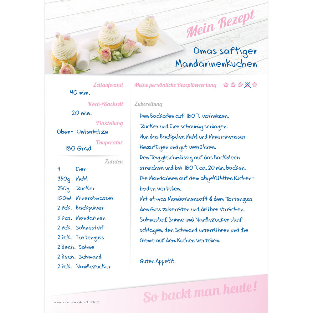 rezeptblock cupcake, a5, weiß-rosa optik, mit abgedruckten cupcakes, ausreichend platz für rezept, anleitung und zutaten, ausfüllbeispiel