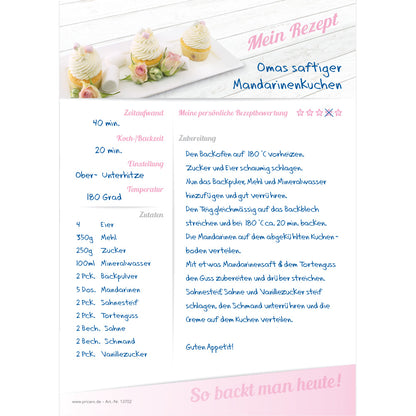 rezeptblock cupcake, a5, weiß-rosa optik, mit abgedruckten cupcakes, ausreichend platz für rezept, anleitung und zutaten, ausfüllbeispiel