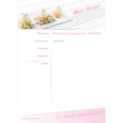 rezeptblock cupcake, a5, weiß-rosa optik, mit abgedruckten cupcakes, ausreichend platz für rezept, anleitung und zutaten, frontansicht