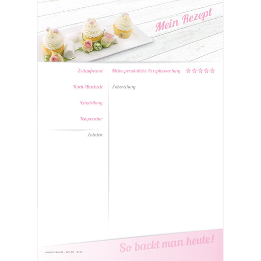 rezeptblock cupcake, a5, weiß-rosa optik, mit abgedruckten cupcakes, ausreichend platz für rezept, anleitung und zutaten, frontansicht