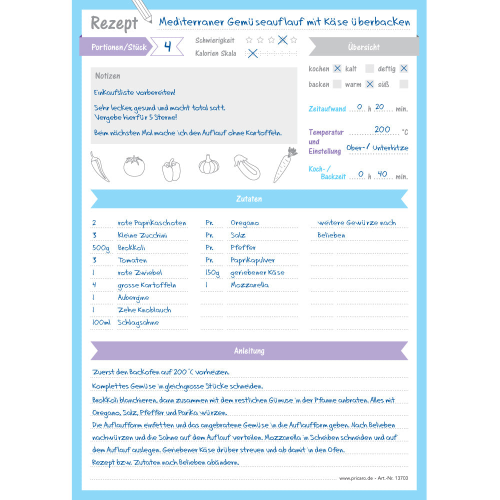 rezeptblock allerlei, a4, blau, weiß-lilafarbene optik, ausfüllbeispiel