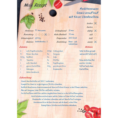 rezeptblock schneidebrett, a4, braune optik mit abgedruckten lebensmitteln auf holzschneidebrett, ausreichend platz für rezept, anleitung und zutaten, ausfüllbeispiel