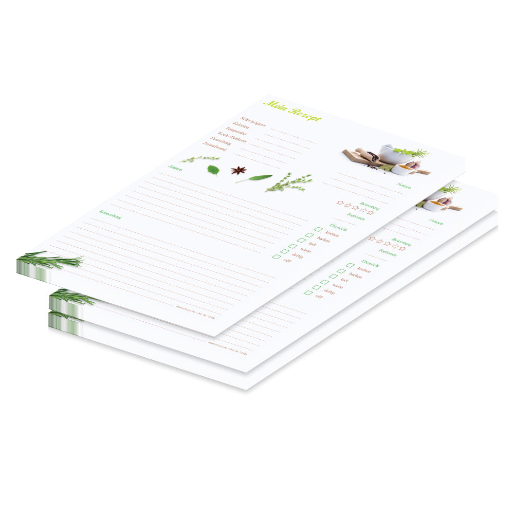 rezeptblock gewürze, a4, weiße optik mit abgedruckten gewürzen, ausreichend platz für rezept, anleitung und zutaten, 3er set
