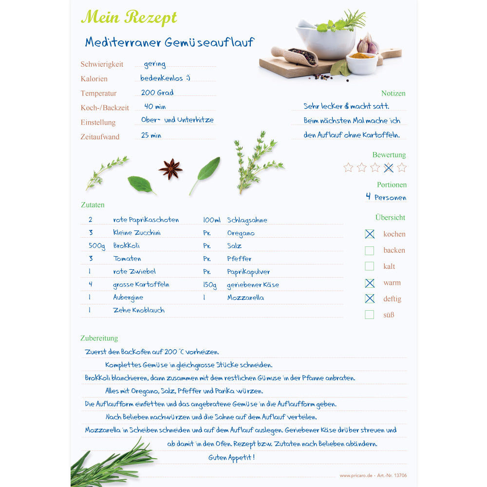 rezeptblock gewürze, a4, weiße optik mit abgedruckten gewürzen, ausreichend platz für rezept, anleitung und zutaten, ausfüllbeispiel