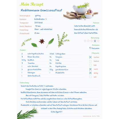 rezeptblock gewürze, a4, weiße optik mit abgedruckten gewürzen, ausreichend platz für rezept, anleitung und zutaten, ausfüllbeispiel