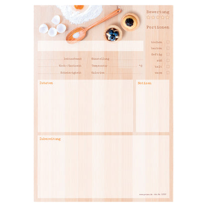 rezeptblock backen, a4, beige optik mit abgedruckten backzutaten, ausreichend platz für rezept, anleitung und zutaten, frontansicht