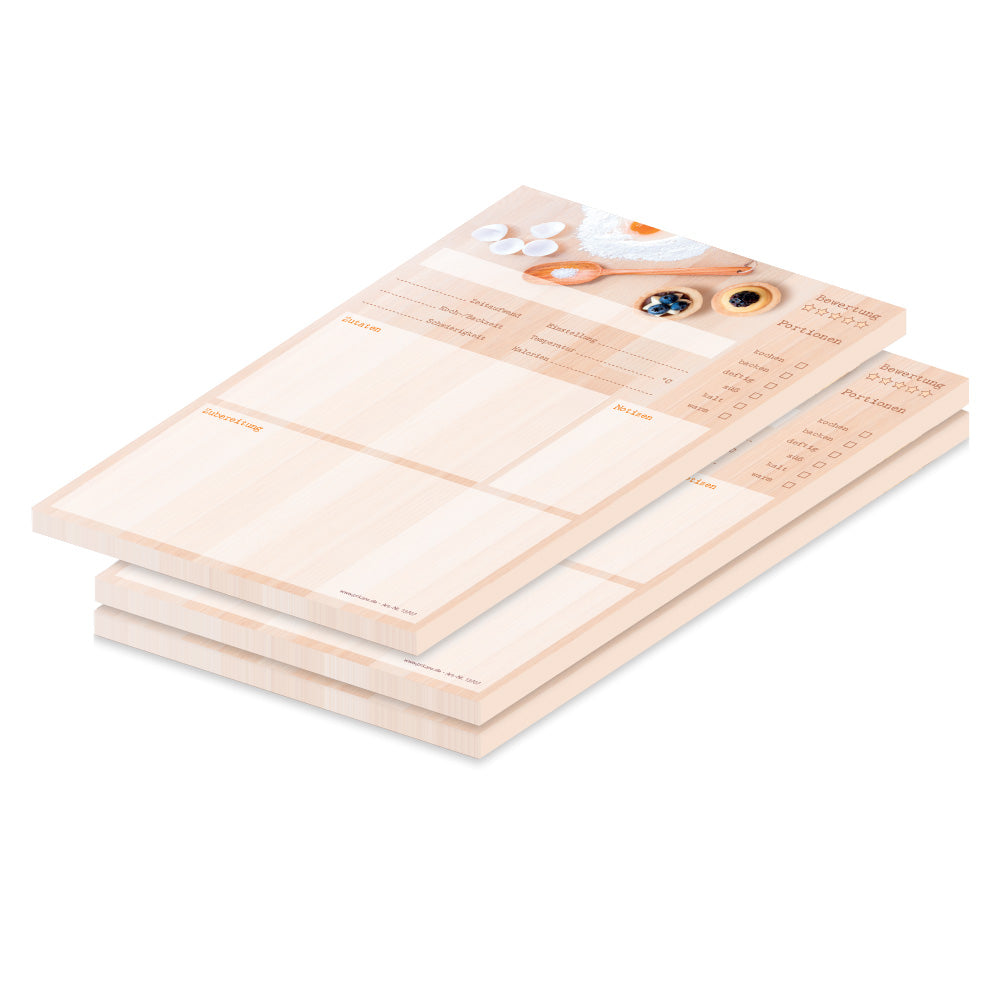 rezeptblock backen, a4, beige optik mit abgedruckten backzutaten, ausreichend platz für rezept, anleitung und zutaten, 3er set