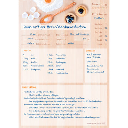 rezeptblock backen, a4, beige optik mit abgedruckten backzutaten, ausreichend platz für rezept, anleitung und zutaten, ausfüllbeispiel