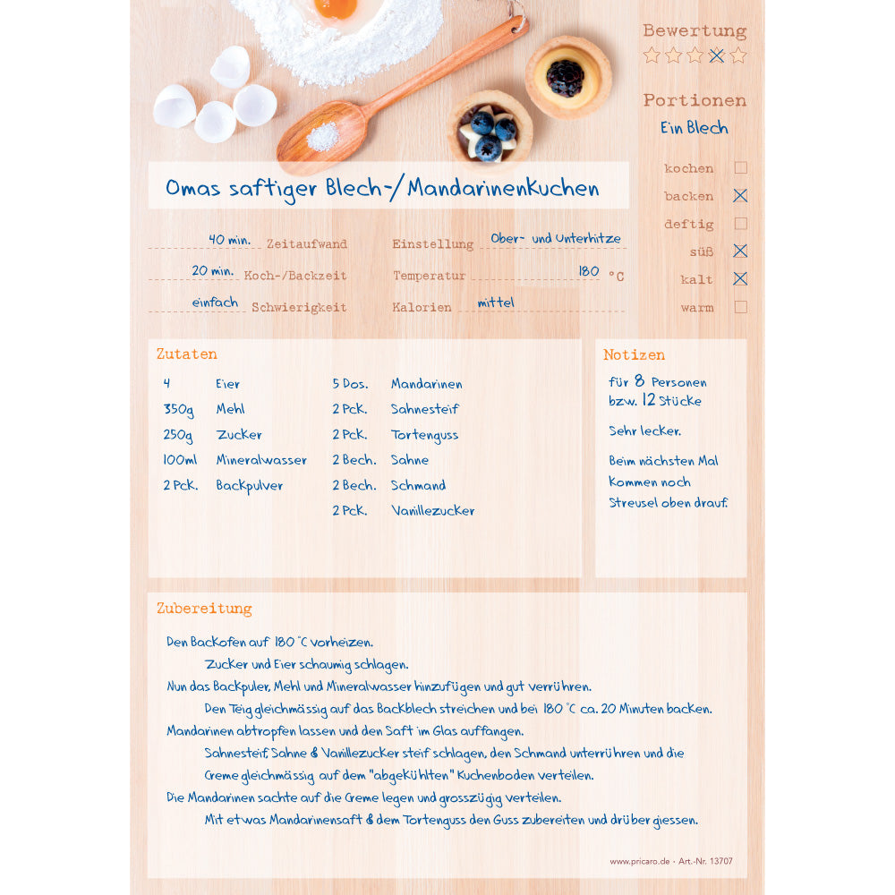 rezeptblock backen, a4, beige optik mit abgedruckten backzutaten, ausreichend platz für rezept, anleitung und zutaten, ausfüllbeispiel