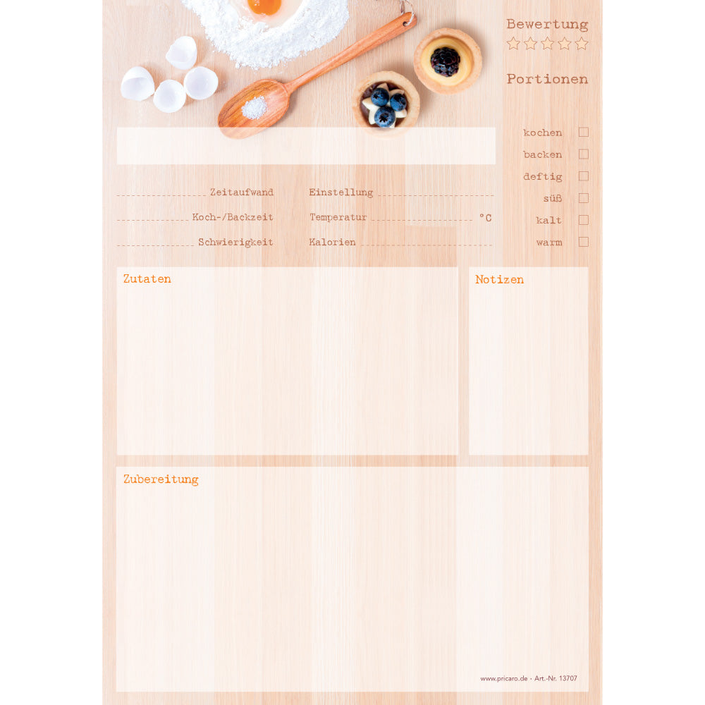 rezeptblock backen, a4, beige optik mit abgedruckten backzutaten, ausreichend platz für rezept, anleitung und zutaten, frontansicht