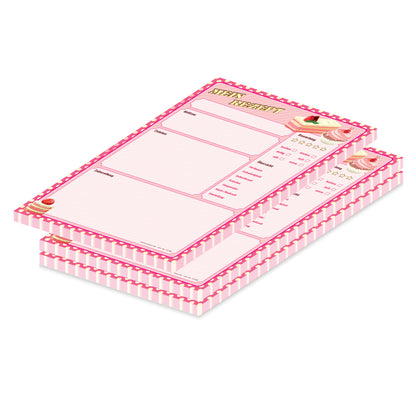 rezeptblock retro, a4, pinke optik mit gelben punkten, mit abgedruckten törtchen, ausreichend platz für rezept, anleitung und zutaten, 3er set