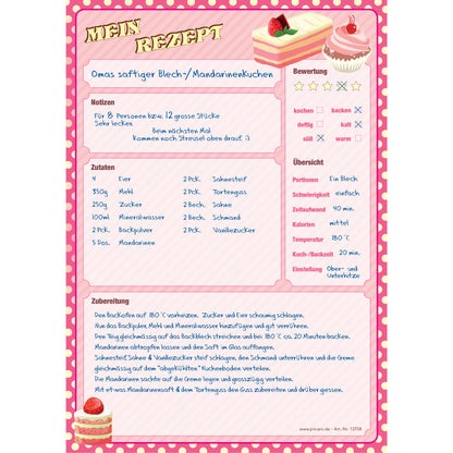 rezeptblock retro, a4, pinke optik mit gelben punkten, mit abgedruckten törtchen, ausreichend platz für rezept, anleitung und zutaten, ausfüllbeispiel