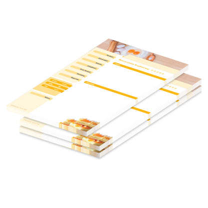 rezeptblock zutaten, a4, weiß-gelbe optik, mit abgedruckten backzutaten und kuchen, ausreichend platz für rezept, anleitung und zutaten, 3er set