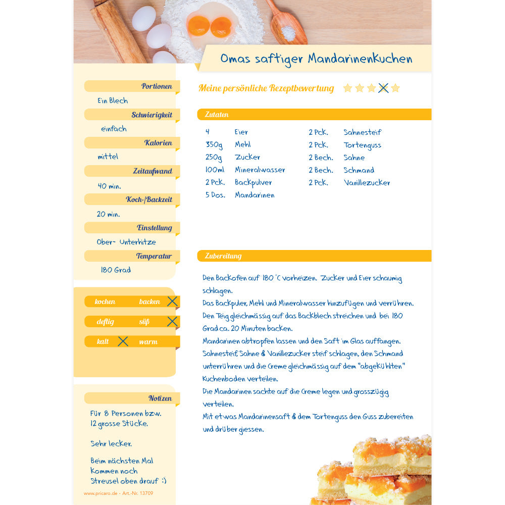 rezeptblock zutaten, a4, weiß-gelbe optik, mit abgedruckten backzutaten und kuchen, ausreichend platz für rezept, anleitung und zutaten, ausfüllbeispiel