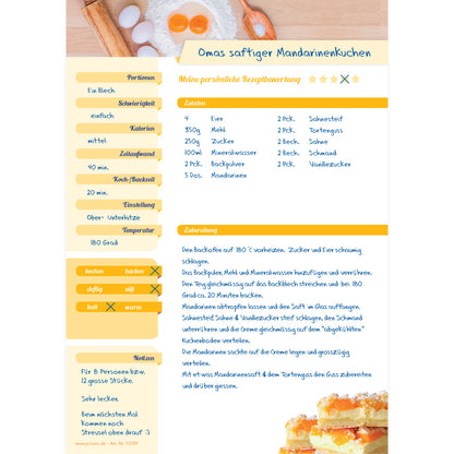 rezeptblock zutaten, a4, weiß-gelbe optik, mit abgedruckten backzutaten und kuchen, ausreichend platz für rezept, anleitung und zutaten, ausfüllbeispiel