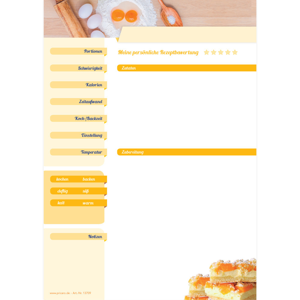 rezeptblock zutaten, a4, weiß-gelbe optik, mit abgedruckten backzutaten und kuchen, ausreichend platz für rezept, anleitung und zutaten, frontansicht