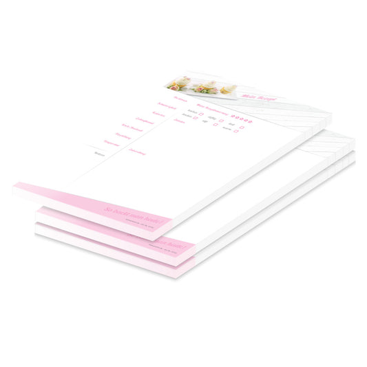rezeptblock cupcake, a4, weiß-rosa optik, mit abgedruckten cupcakes, ausreichend platz für rezept, anleitung und zutaten, 3er set