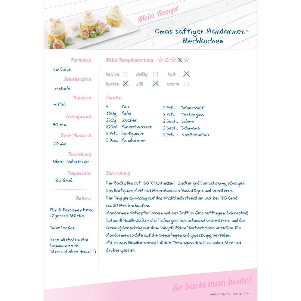 rezeptblock cupcake, a4, weiß-rosa optik, mit abgedruckten cupcakes, ausreichend platz für rezept, anleitung und zutaten, ausfüllbeispiel