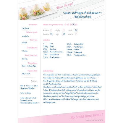 rezeptblock cupcake, a4, weiß-rosa optik, mit abgedruckten cupcakes, ausreichend platz für rezept, anleitung und zutaten, ausfüllbeispiel