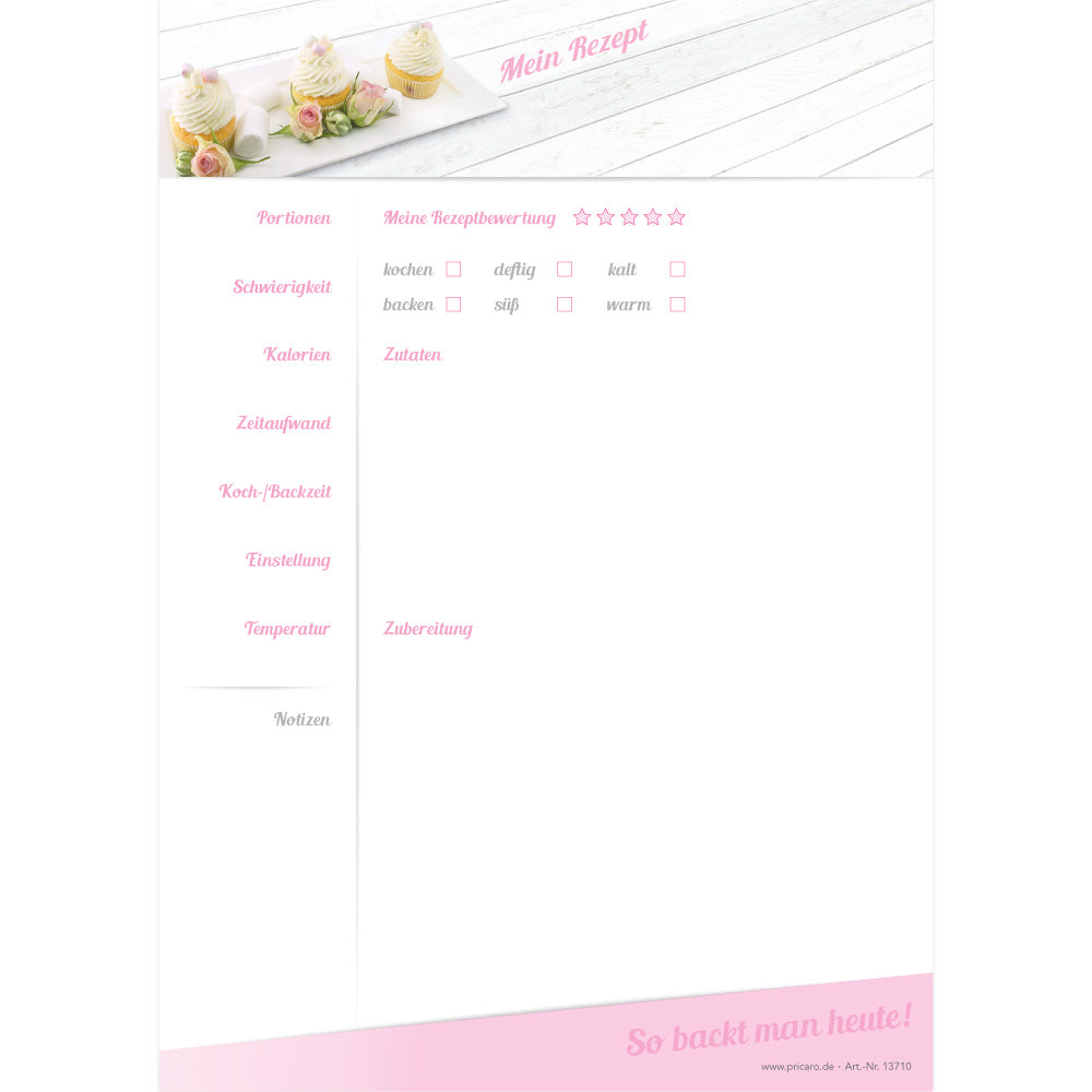 rezeptblock cupcake, a4, weiß-rosa optik, mit abgedruckten cupcakes, ausreichend platz für rezept, anleitung und zutaten, frontansicht