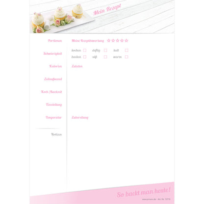 rezeptblock cupcake, a4, weiß-rosa optik, mit abgedruckten cupcakes, ausreichend platz für rezept, anleitung und zutaten, frontansicht