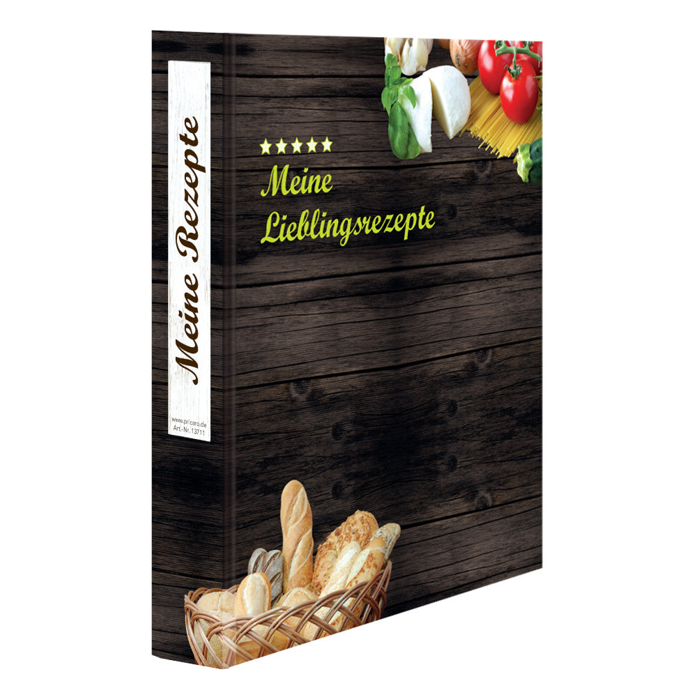 rezeptordner mediterran, a4, braune optik, seitliche ansicht auf front und ordnerrücken, mit aufgedruckten lebensmitteln und der aufschrift "meine lieblingsrezepte" und "meine rezepte"