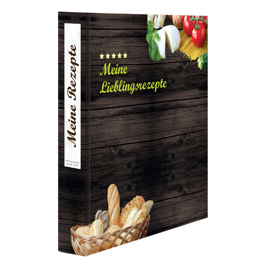 rezeptordner mediterran, a4, braune optik, seitliche ansicht auf front und ordnerrücken, mit aufgedruckten lebensmitteln und der aufschrift "meine lieblingsrezepte" und "meine rezepte"