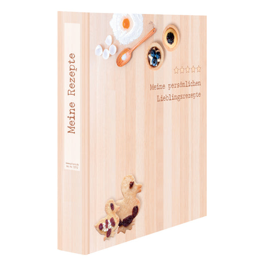 rezeptordner backen, a4, beige optik, seitliche ansicht auf front und ordnerrücken, mit aufgedruckten backzutaten und der aufschrift "meine persönlichen lieblingsrezepte" und "meine rezepte"