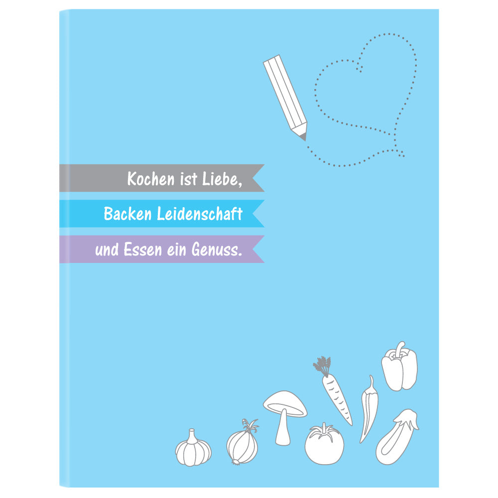 rezeptordner allerlei, a4, blaue optik, frontansicht, mit aufgedruckten lebensmitteln als illustration und der aufschrift "kochen ist liebe, backen leidenschaft und essen ein genuss"