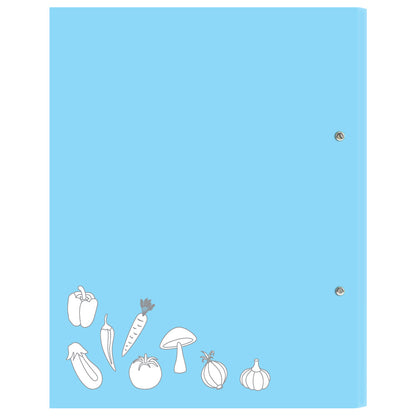 rezeptordner allerlei, a4, blaue optik, rückseite, mit aufgedruckten gemüse als illustration