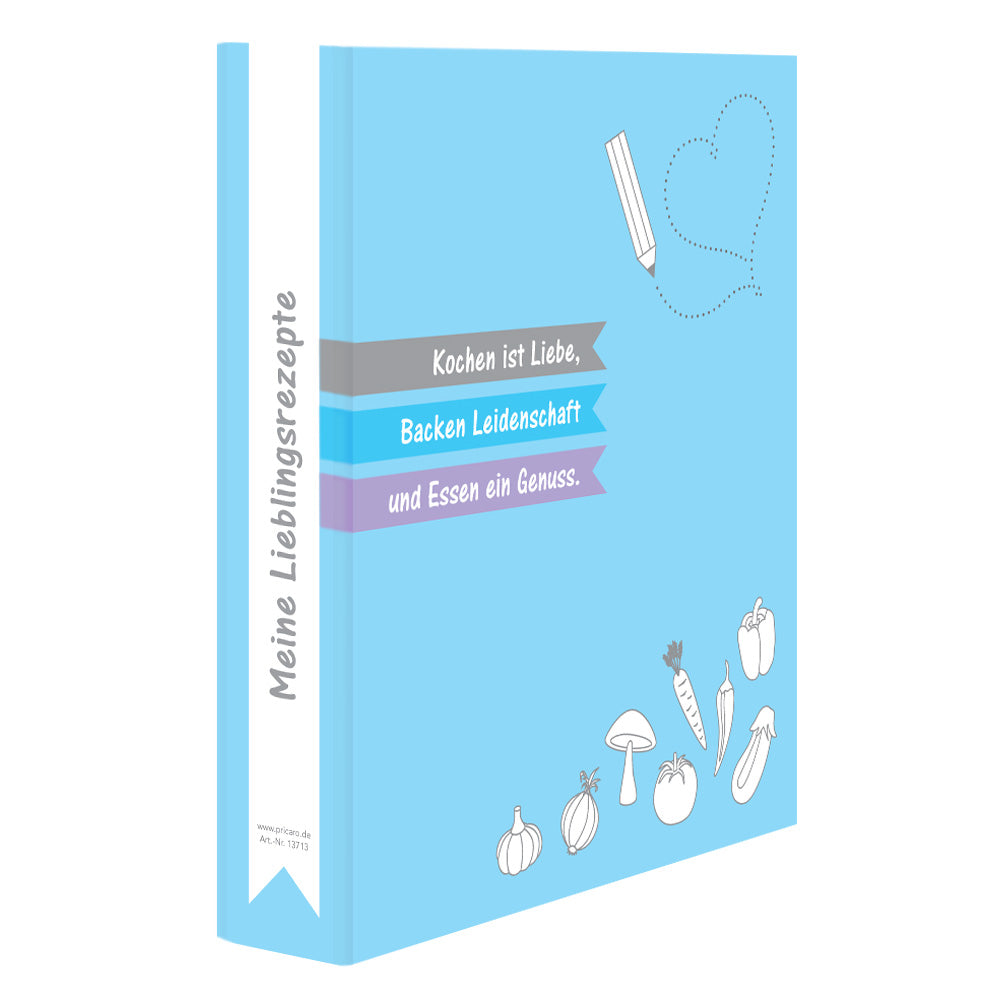 rezeptordner allerlei, a4, blaue optik, seitliche ansicht auf front und ordnerrücken, mit aufgedruckten lebensmitteln und der aufschrift "kochen ist liebe, backen leidenschaft und essen ein genuss" und "meine lieblingsrezepte"