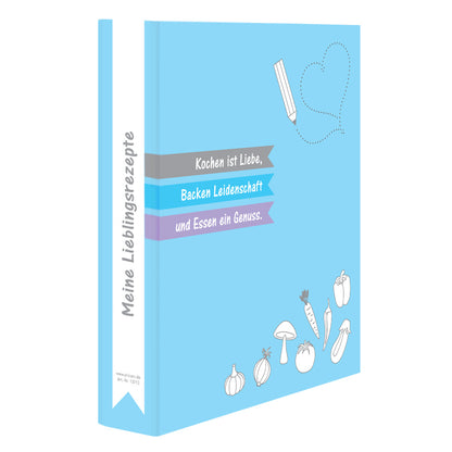rezeptordner allerlei, a4, blaue optik, seitliche ansicht auf front und ordnerrücken, mit aufgedruckten lebensmitteln und der aufschrift "kochen ist liebe, backen leidenschaft und essen ein genuss" und "meine lieblingsrezepte"