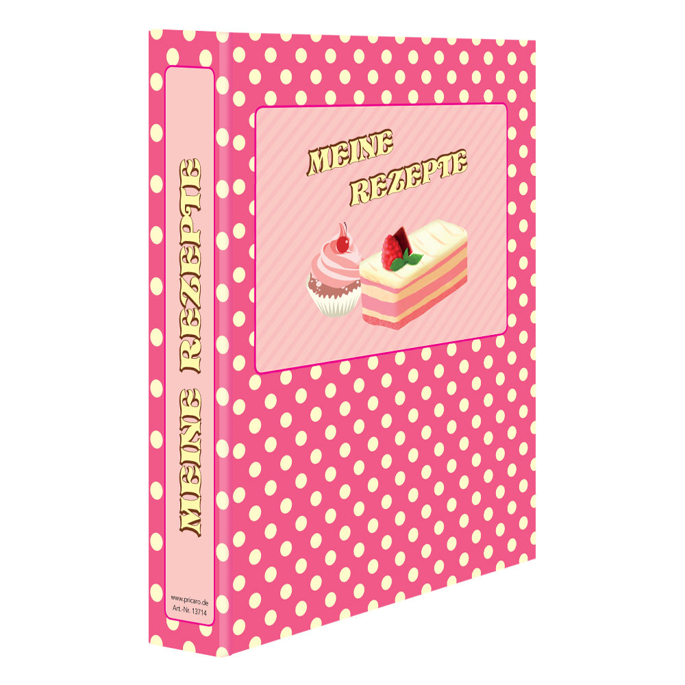 rezeptordner retro, a5, pinke optik mit gelben punkten, seitliche ansicht auf front und ordnerrücken, mit aufgedruckten törtchen und der aufschrift "meine rezepte auf vorderseite und ordnerrücken