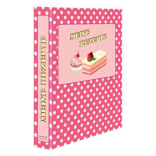 rezeptordner retro, a5, pinke optik mit gelben punkten, seitliche ansicht auf front und ordnerrücken, mit aufgedruckten törtchen und der aufschrift "meine rezepte auf vorderseite und ordnerrücken
